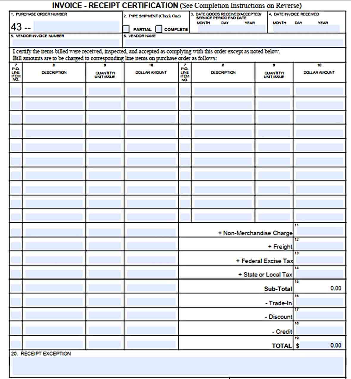 Blank Invoice Receipt Certification Template