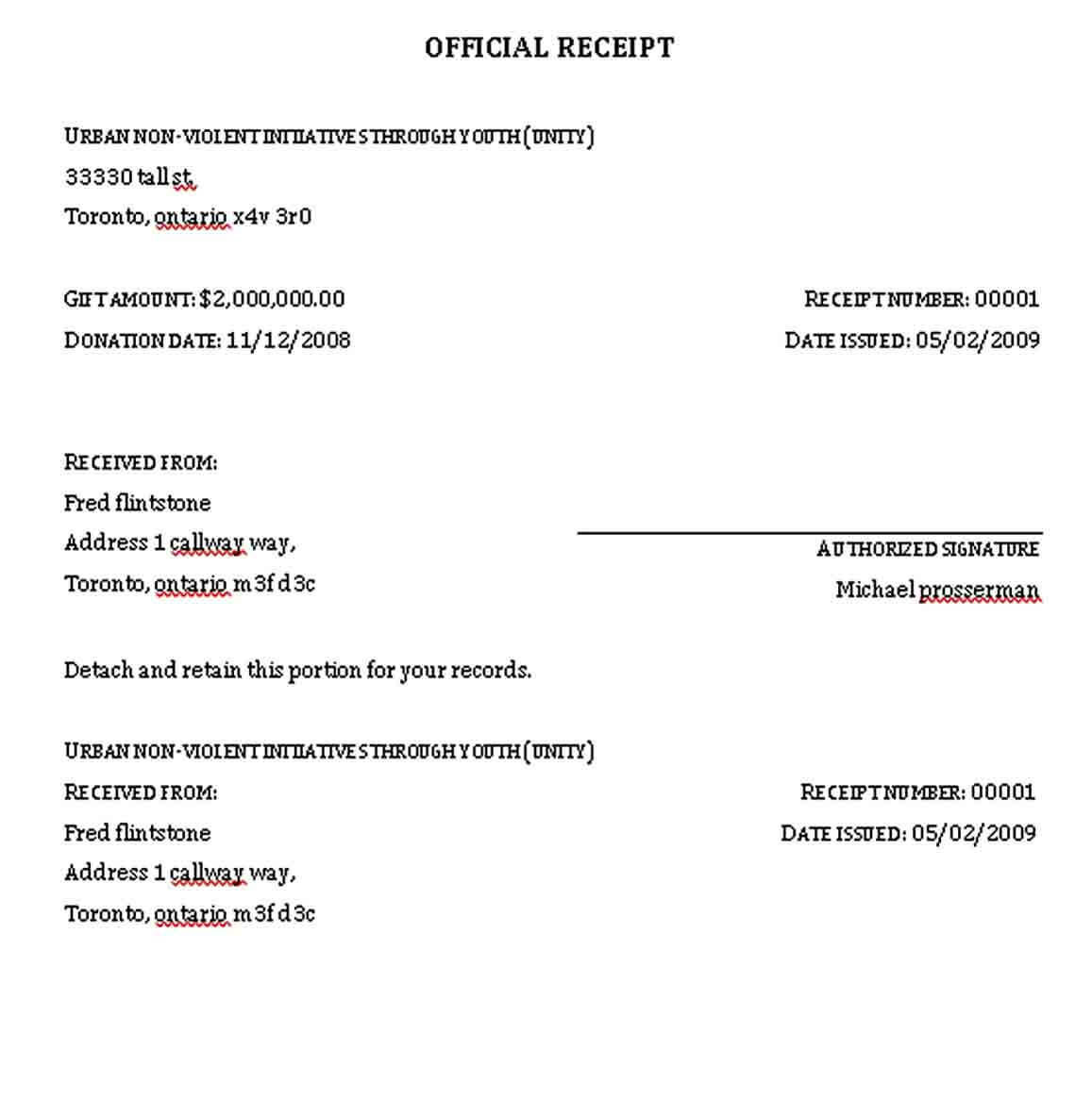 Charitable Tax Receipt Template Word Free Download