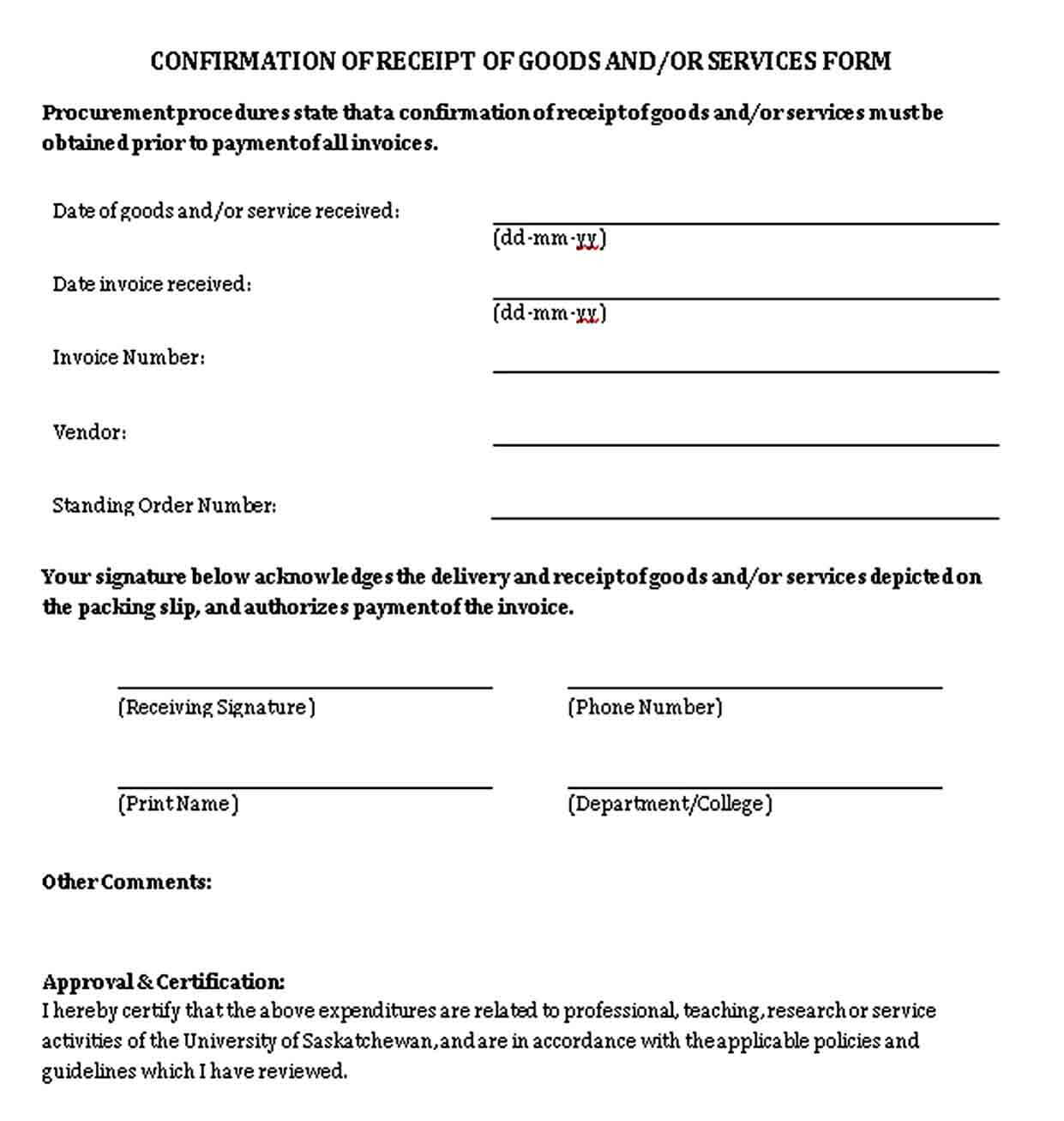 Confirmation of Receipt of Goods and Services Form 1