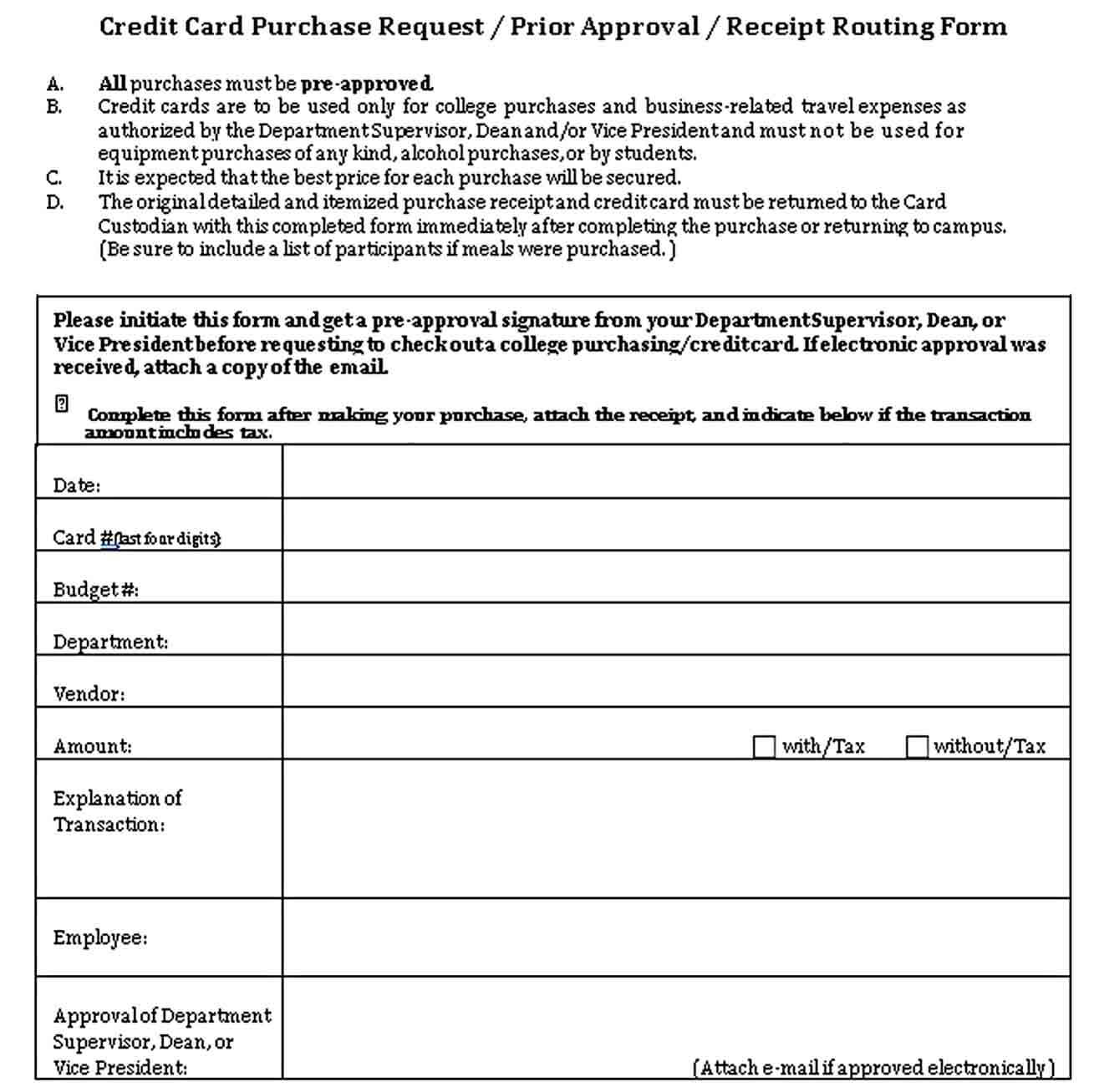 Credit Card Purchase Receipt Form