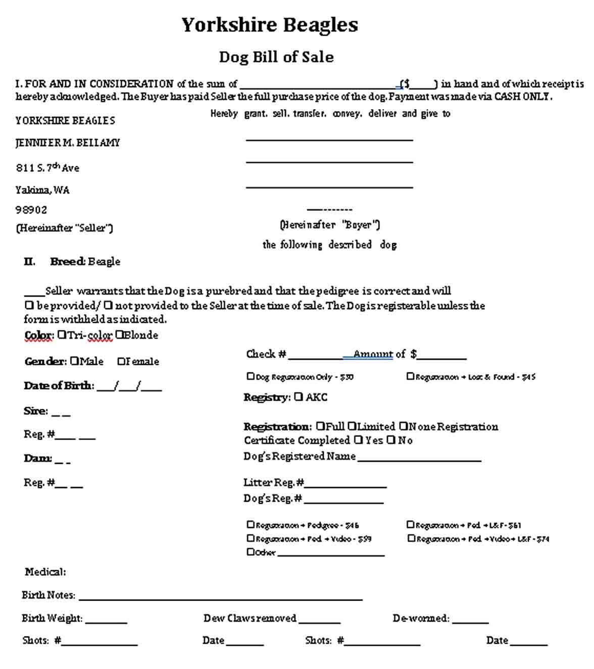 Dog Bill of Sale Template Free Download