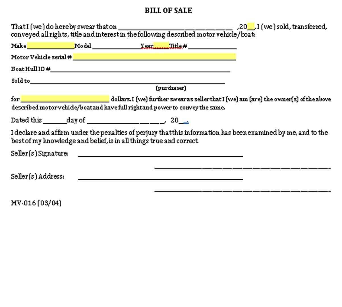Editable Generic Auto Bill of Sale PDF Download