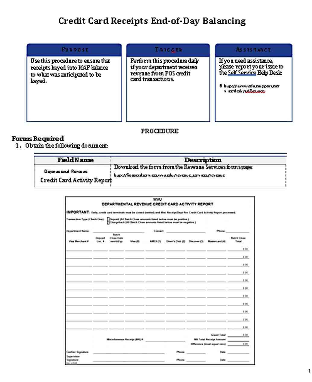 End of Day Credit Card Receipt Form 1