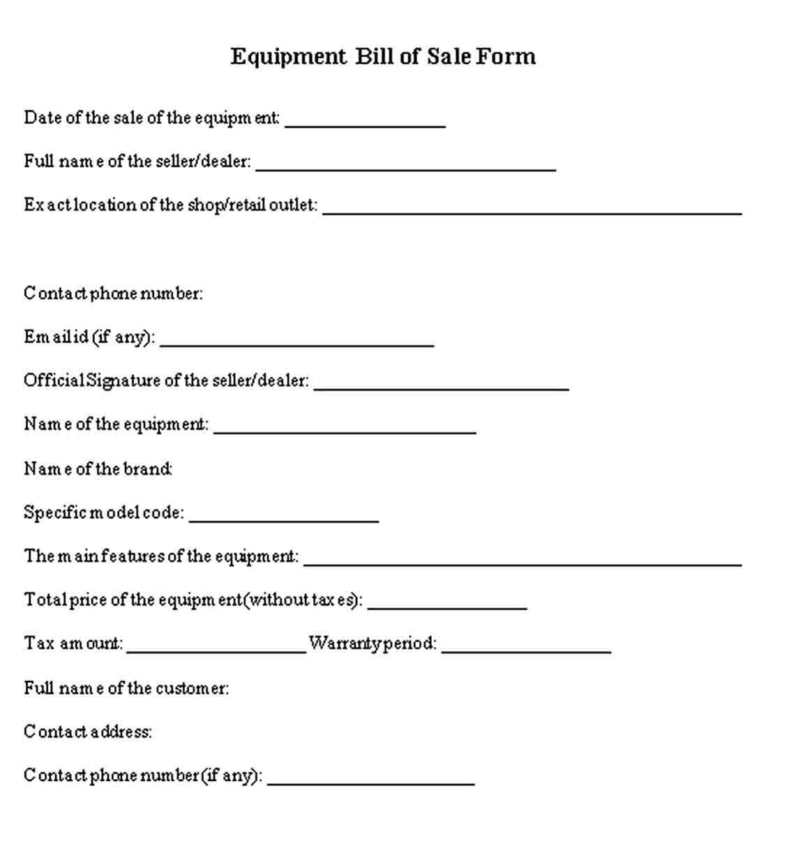 Equipment Bill of Sale Form Free Printable
