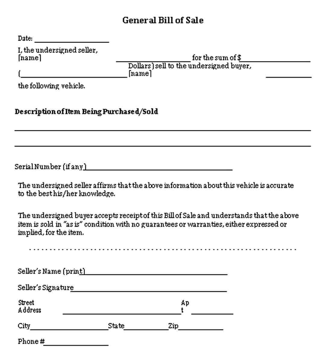 General Vehicle Bill of Sale