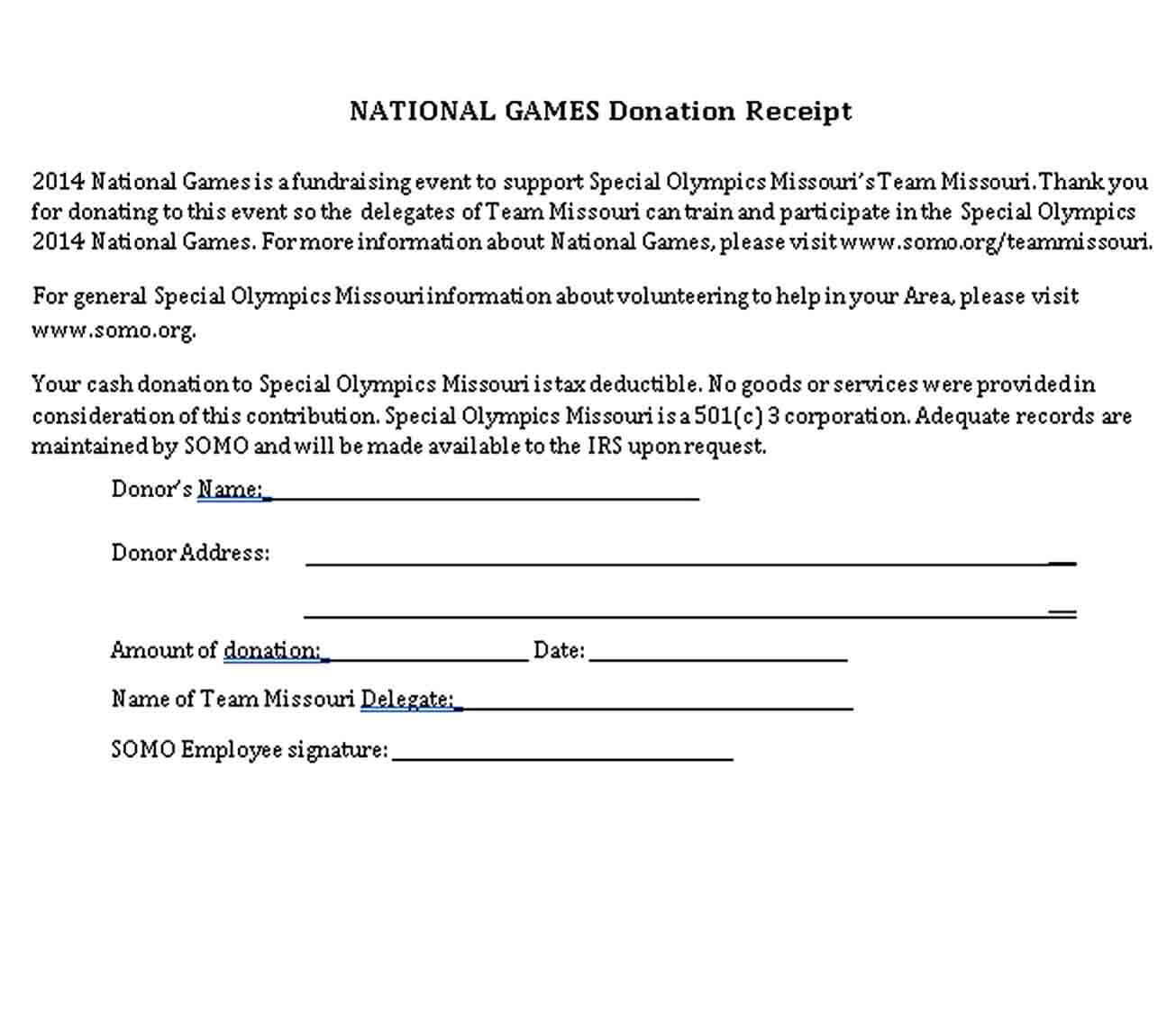 National Games Donation Receipt