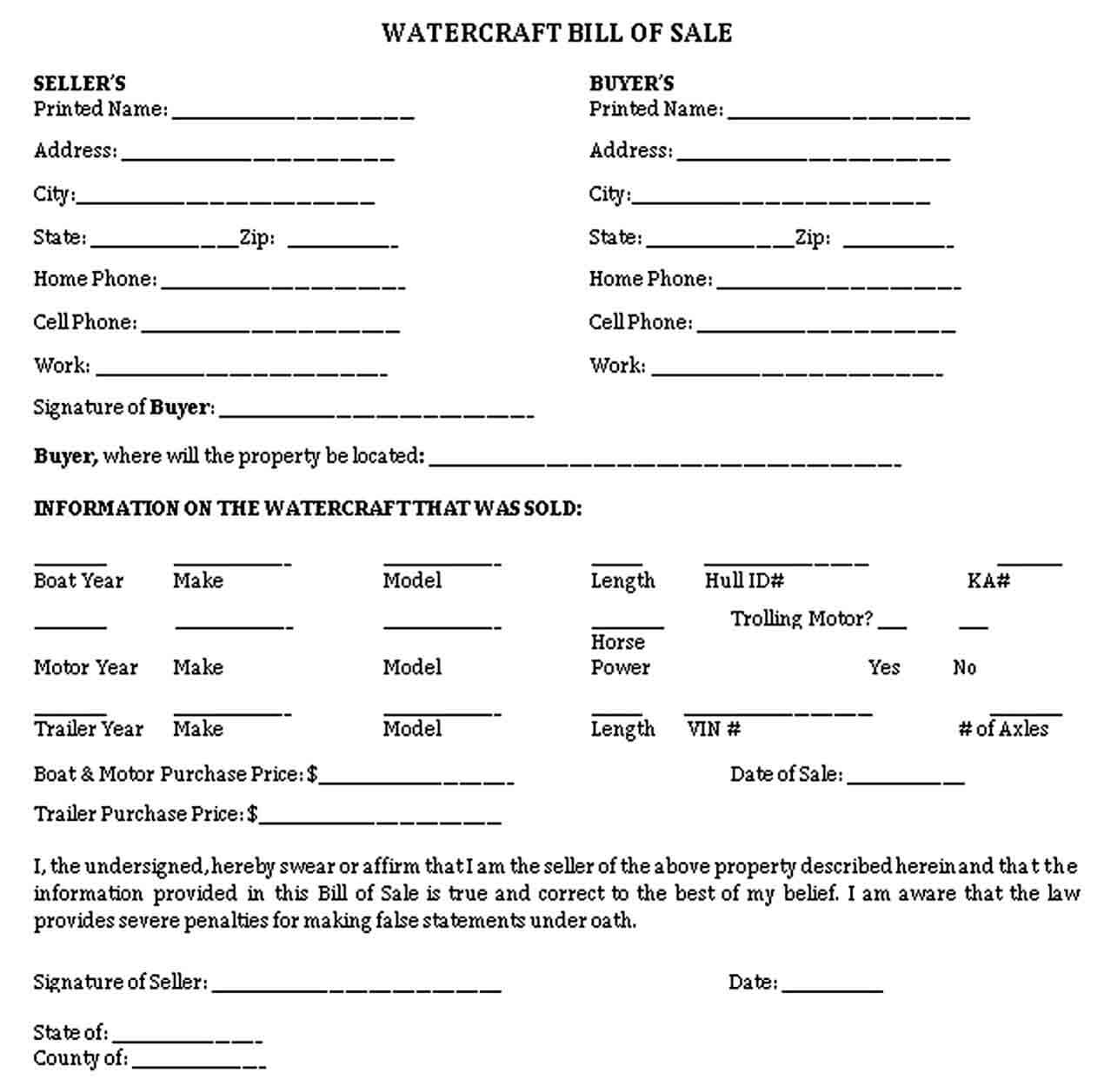 Personal Watercraft Bill of Sale
