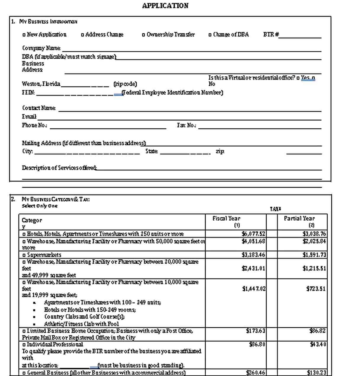 Printable Business Tax Receipt Application Template