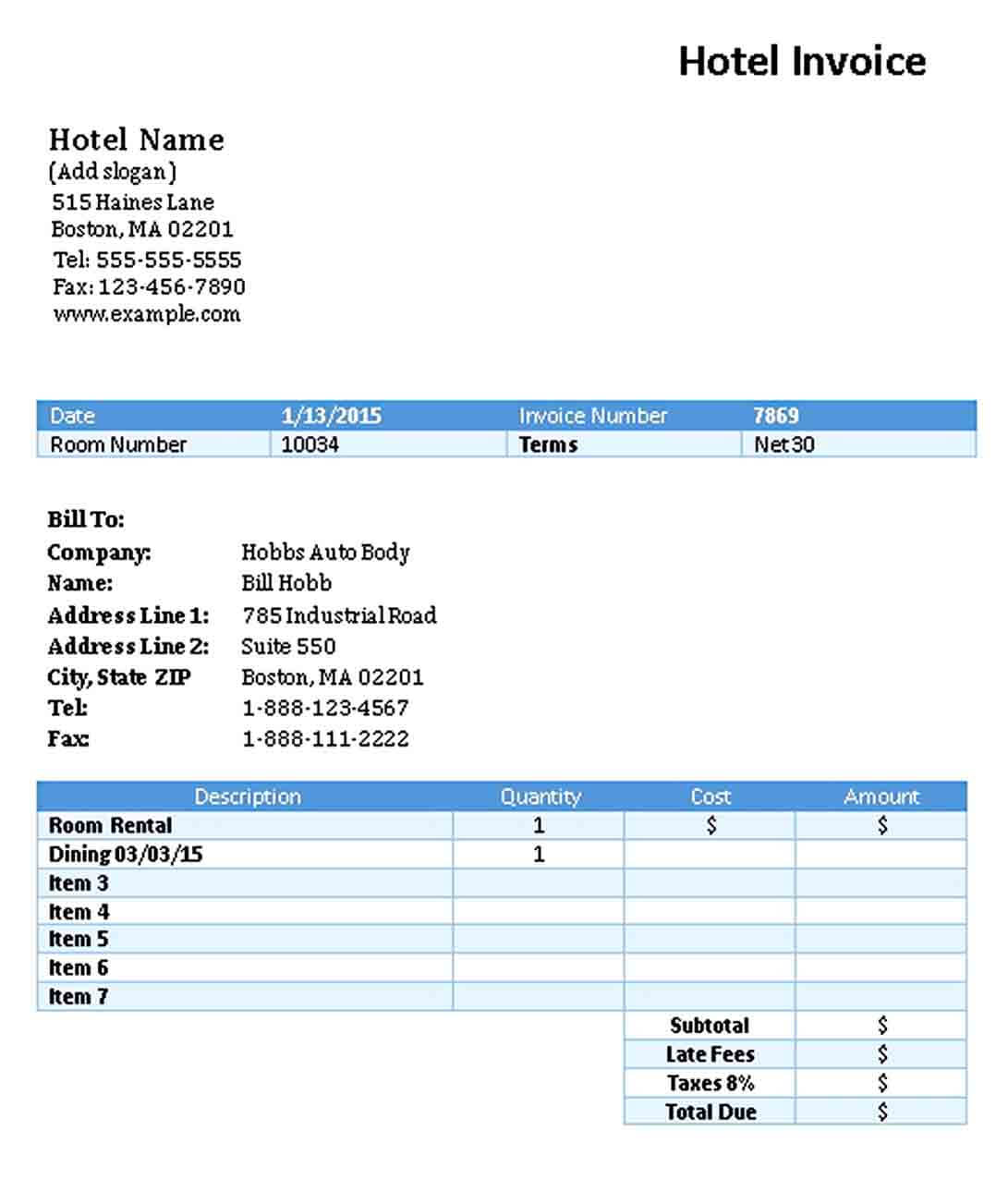 Receipt of Hotel Sample Template