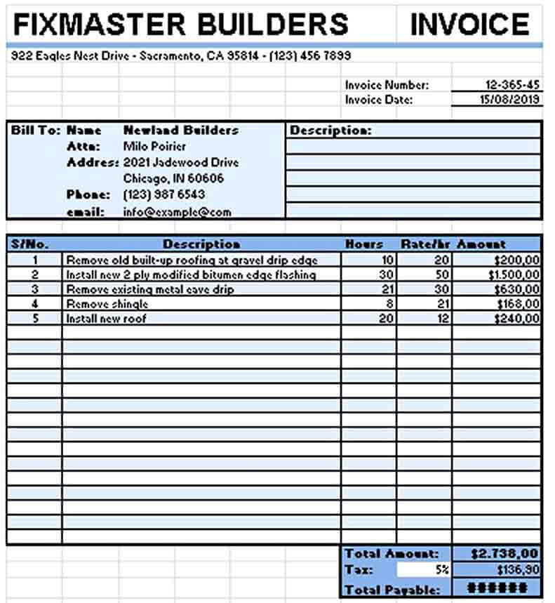 Roofing Contract Receipt Excel Free Download