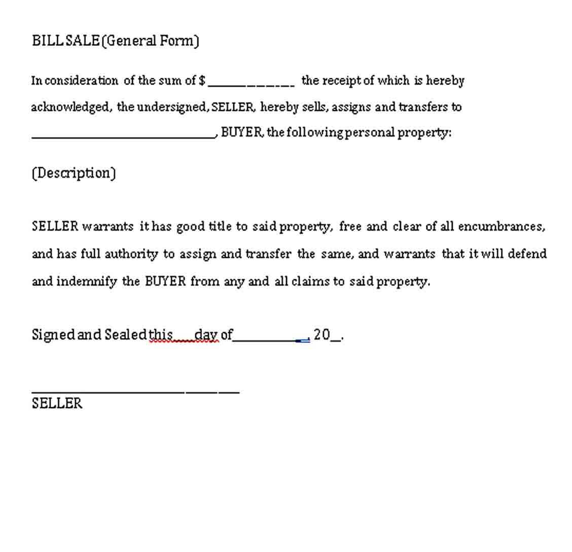Sample general bill of sale template