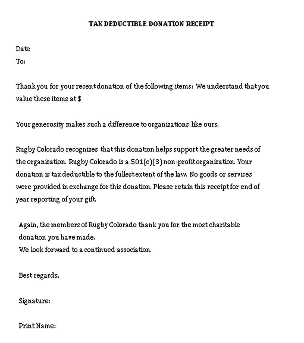 Tax Deductible Donation Receipt MS Word Free Download