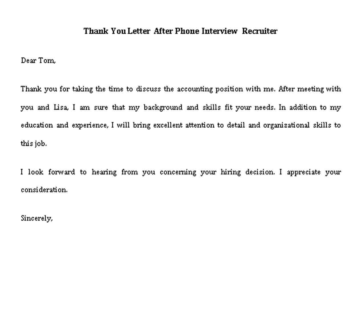 Thank You Letter After Phone Interview Recruiter