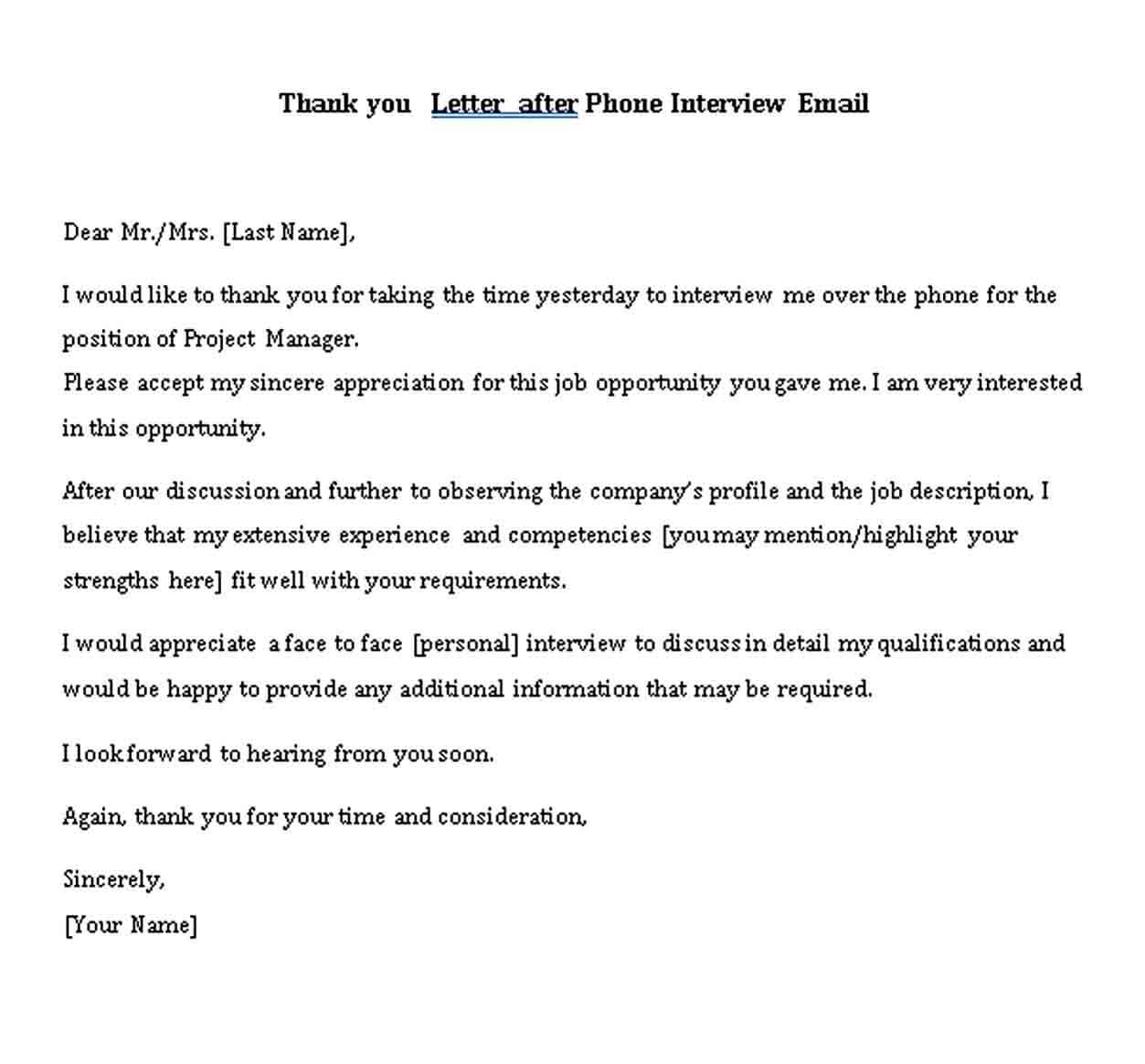 Thank you Letter after Phone Interview Email