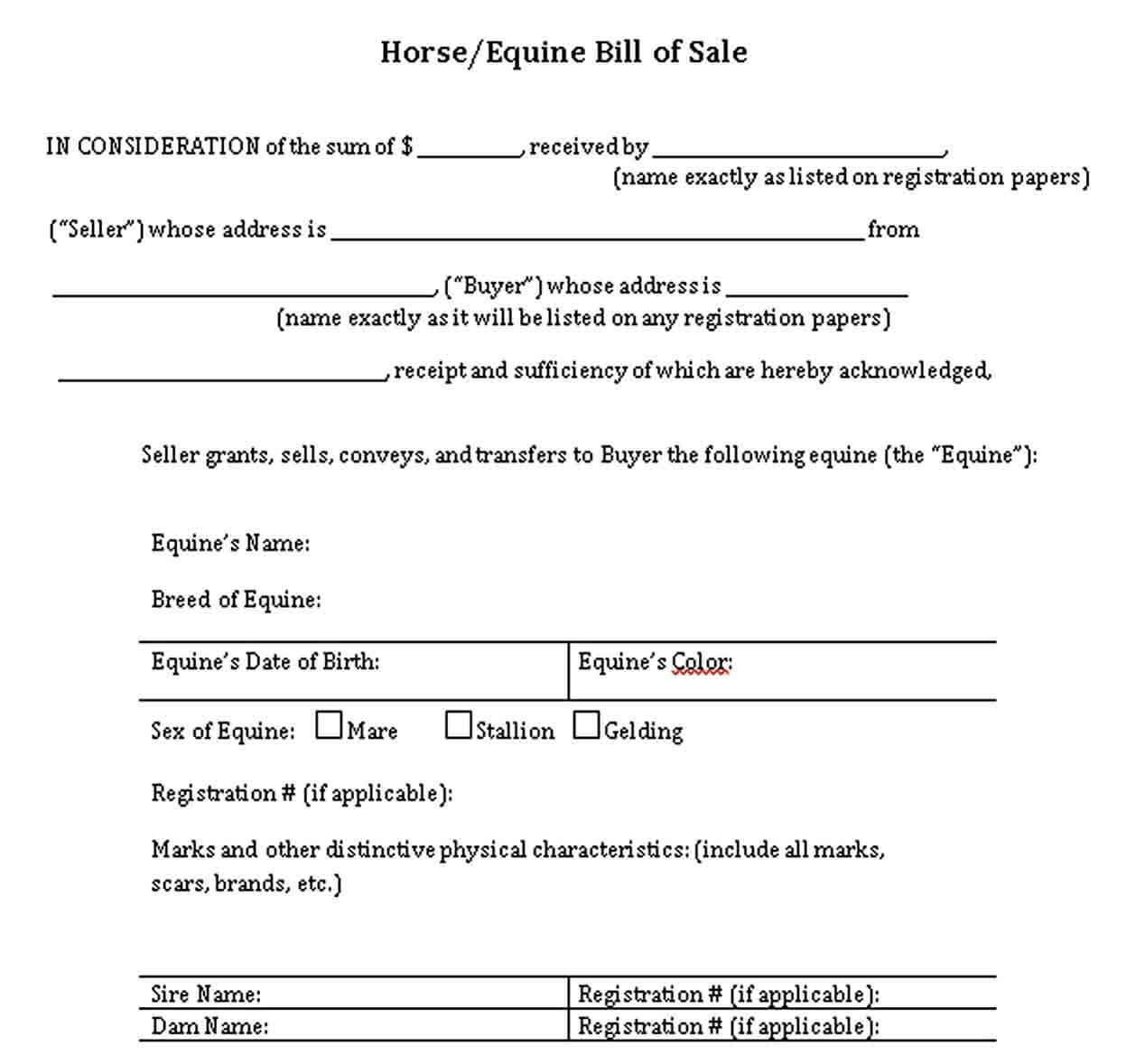 bill of sale for horse purchase 1
