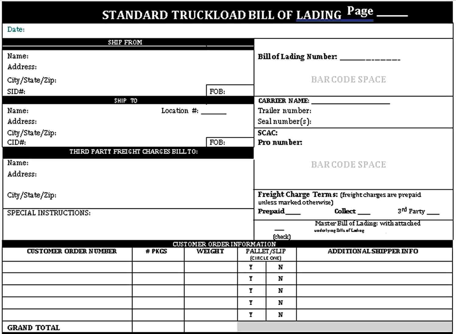 bill of lading front