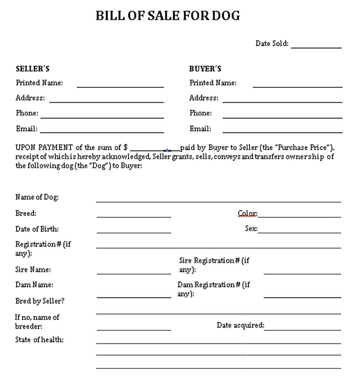 pet bill of sale template