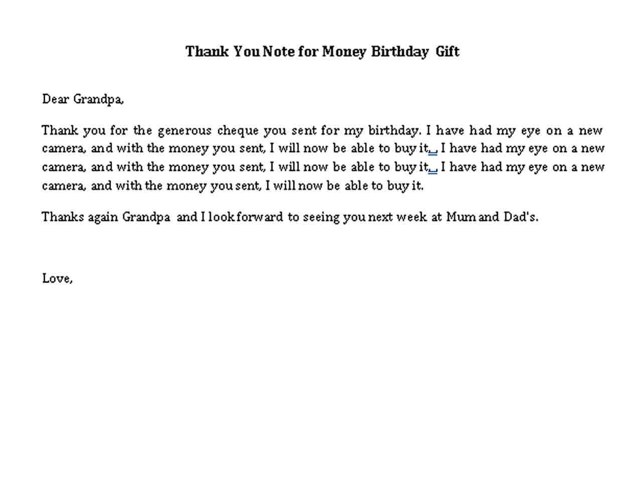 thank you note for money birthday gift