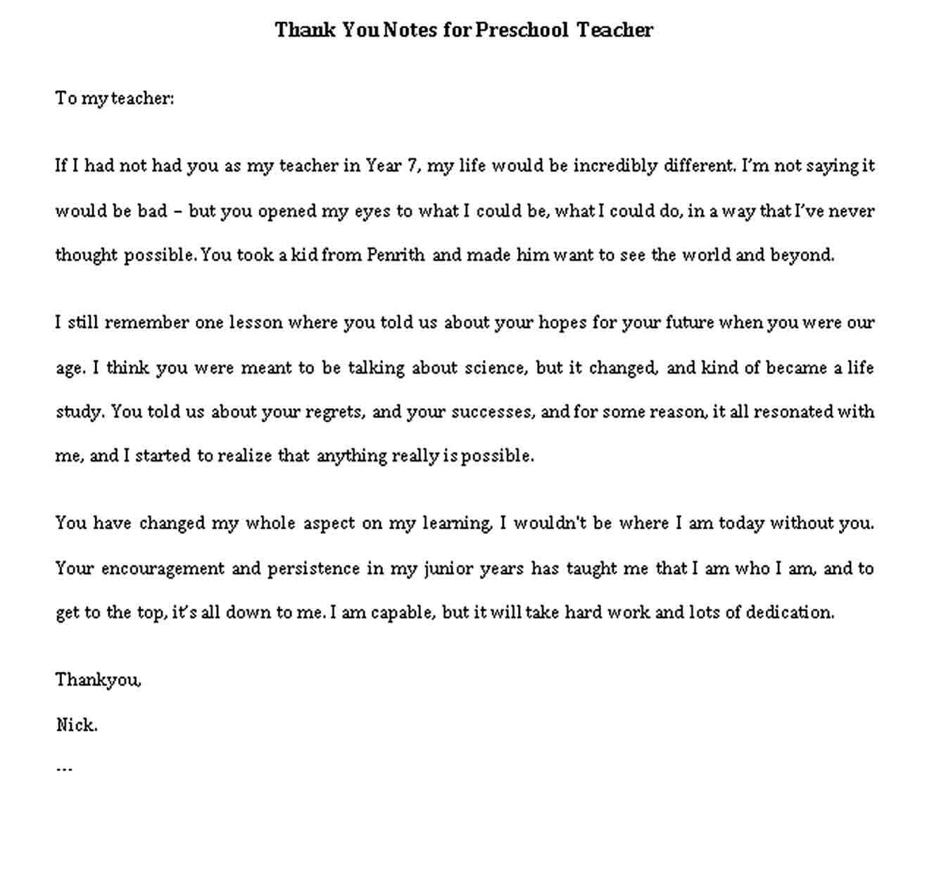thank you notes for preschool teacher