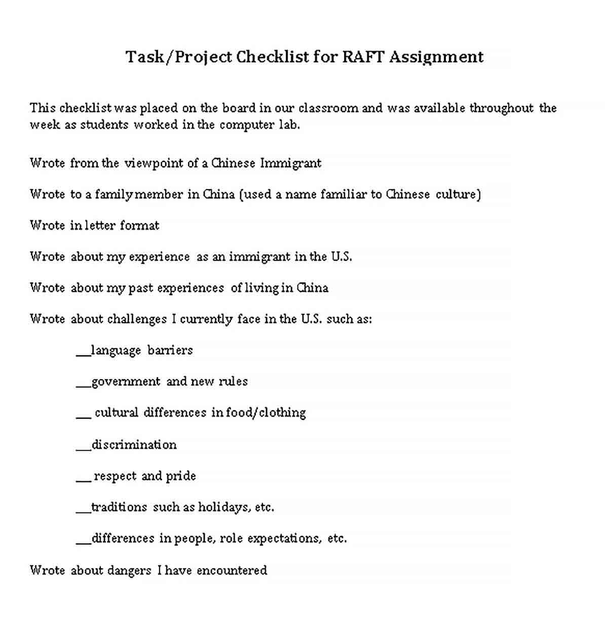 Assignment Checklist for Project