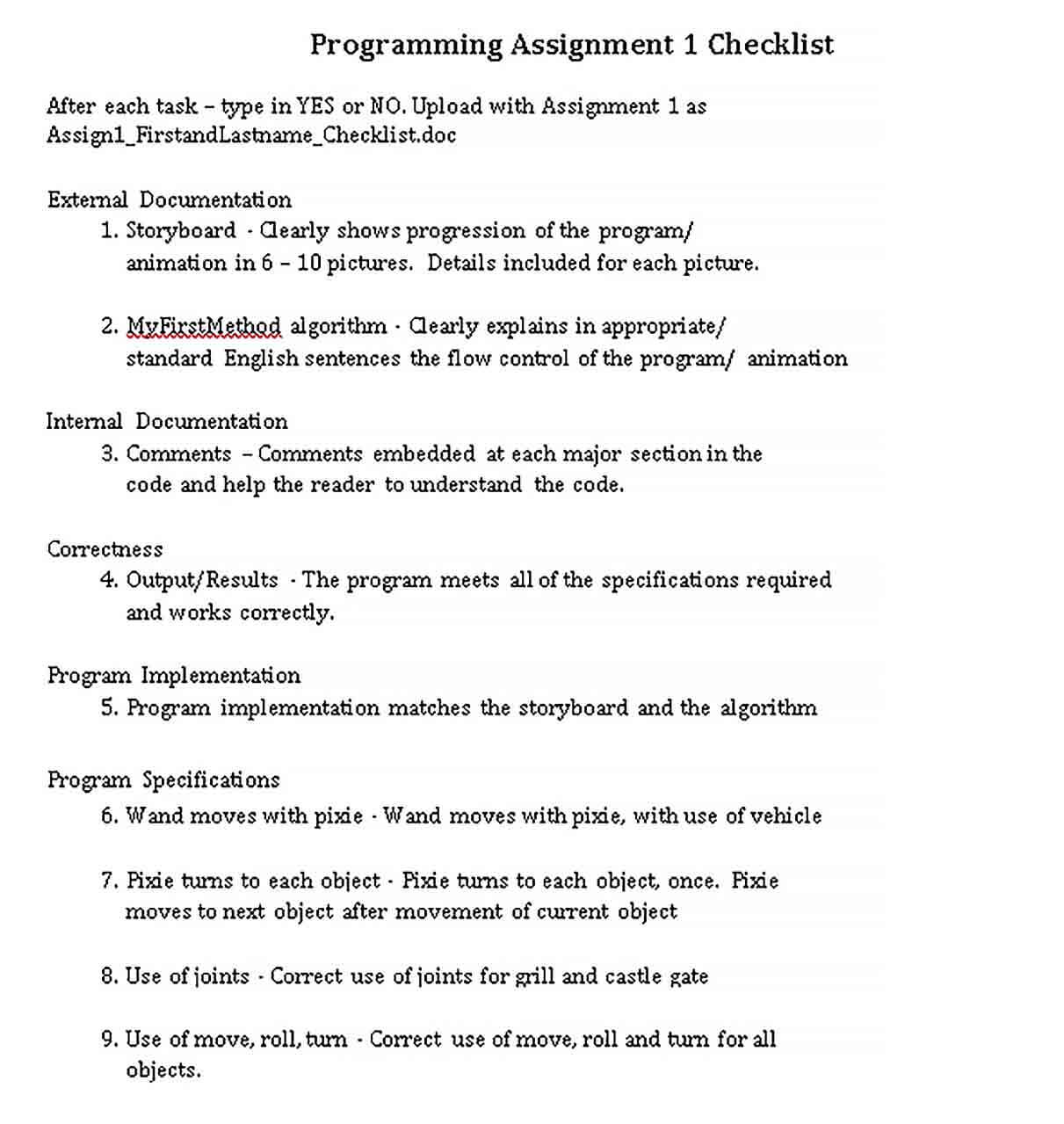 Assignment Task Checklist