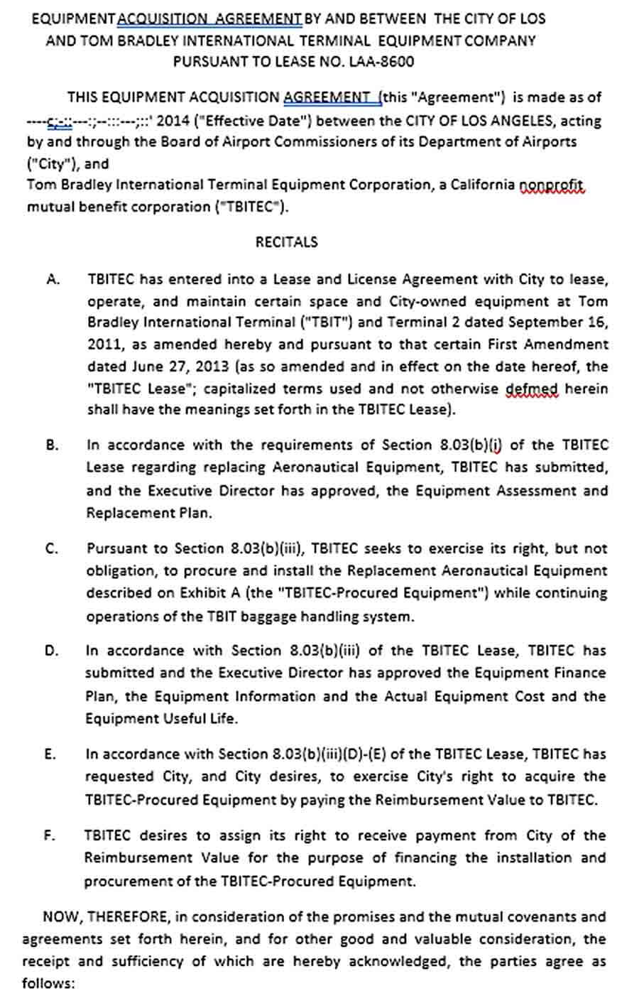 Equipment Acquistion Agreement Template