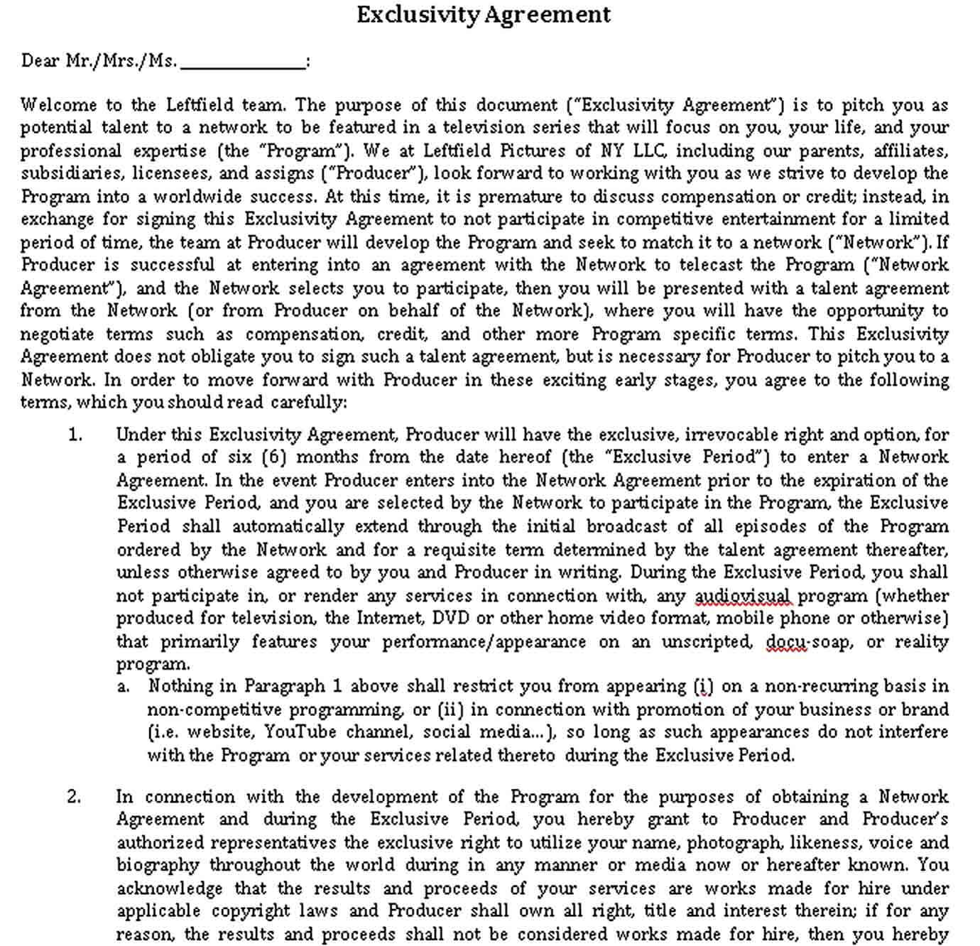 Exclusivity Agreement Template