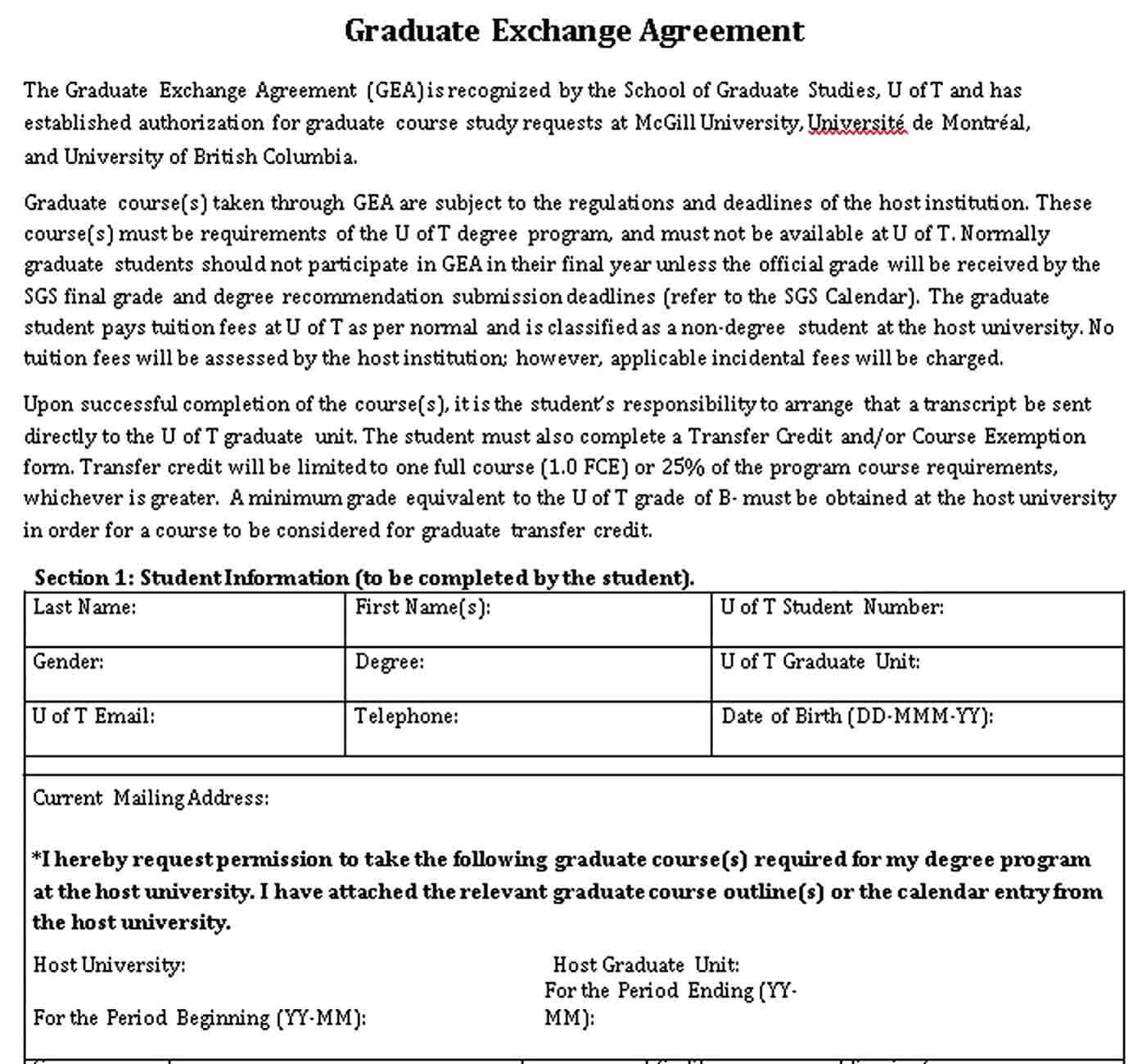 Graduate Exchange Agreement