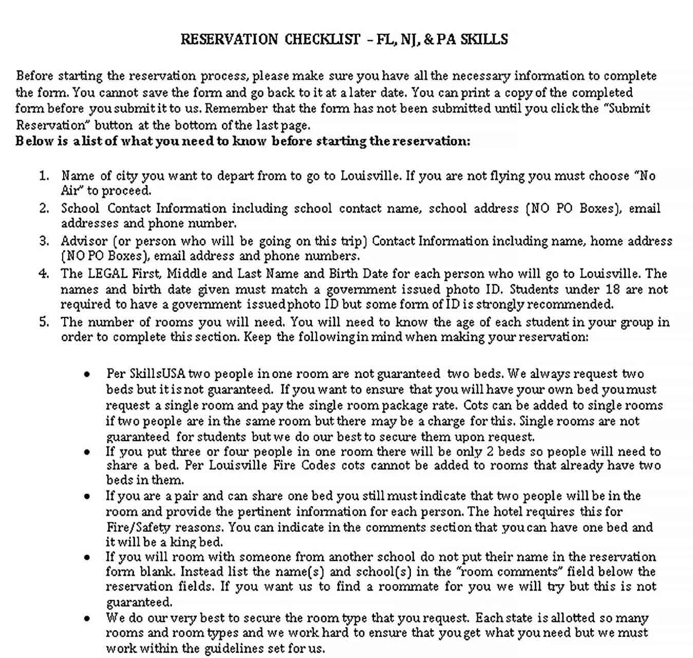Reservation Checklist Template 1