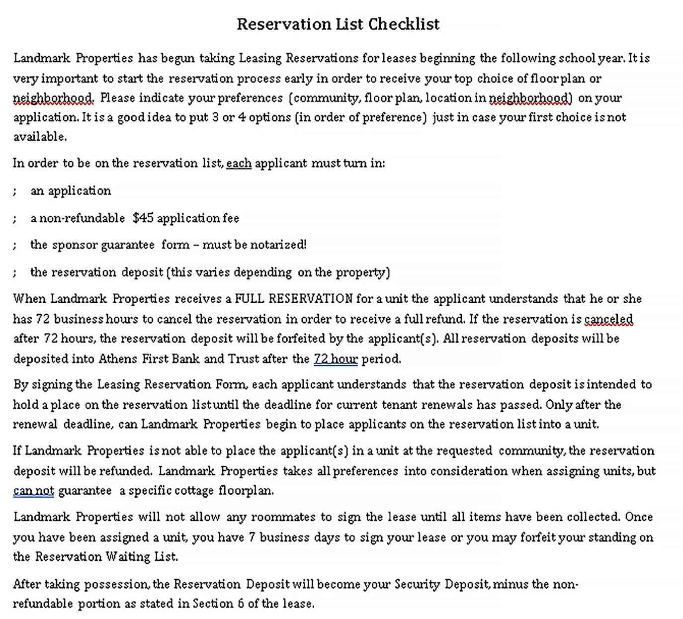 Reservation Checklist Template 2