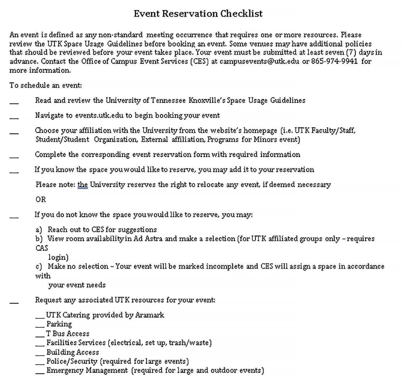 Reservation Checklist Template 3
