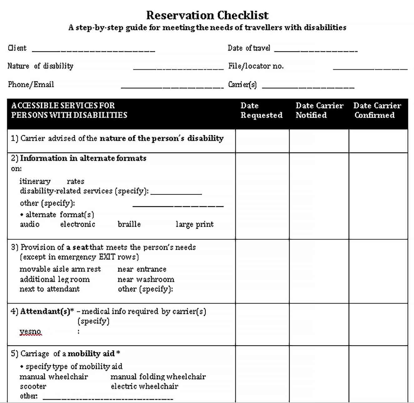 Reservation Checklist Template 5