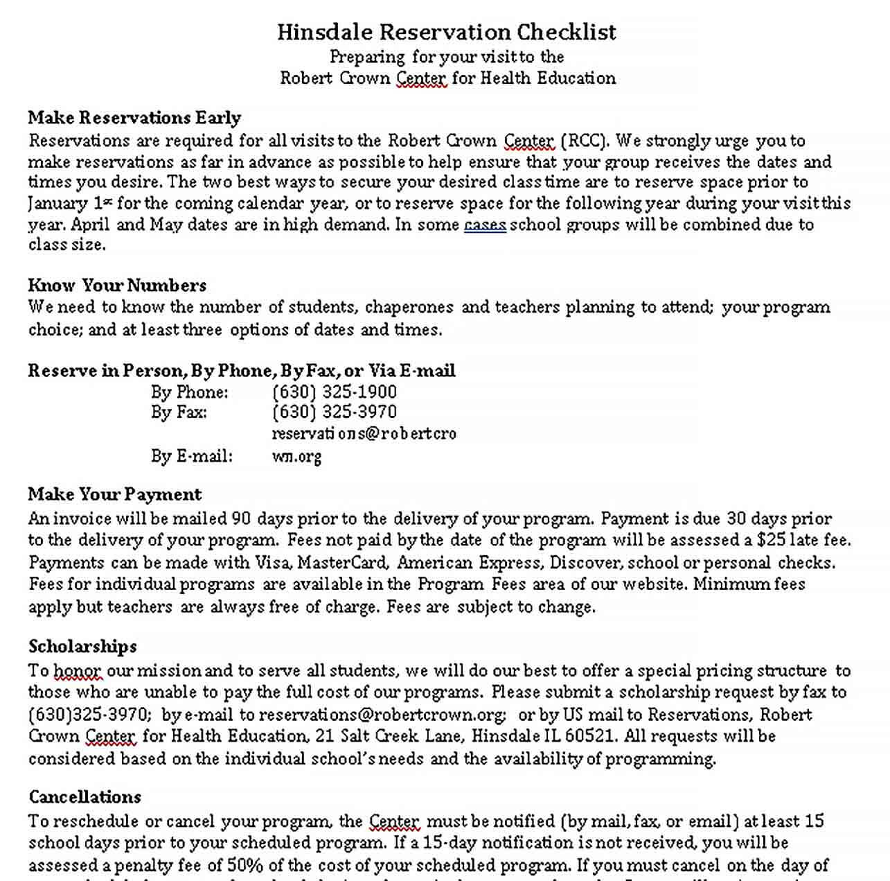 Reservation Checklist Template 9