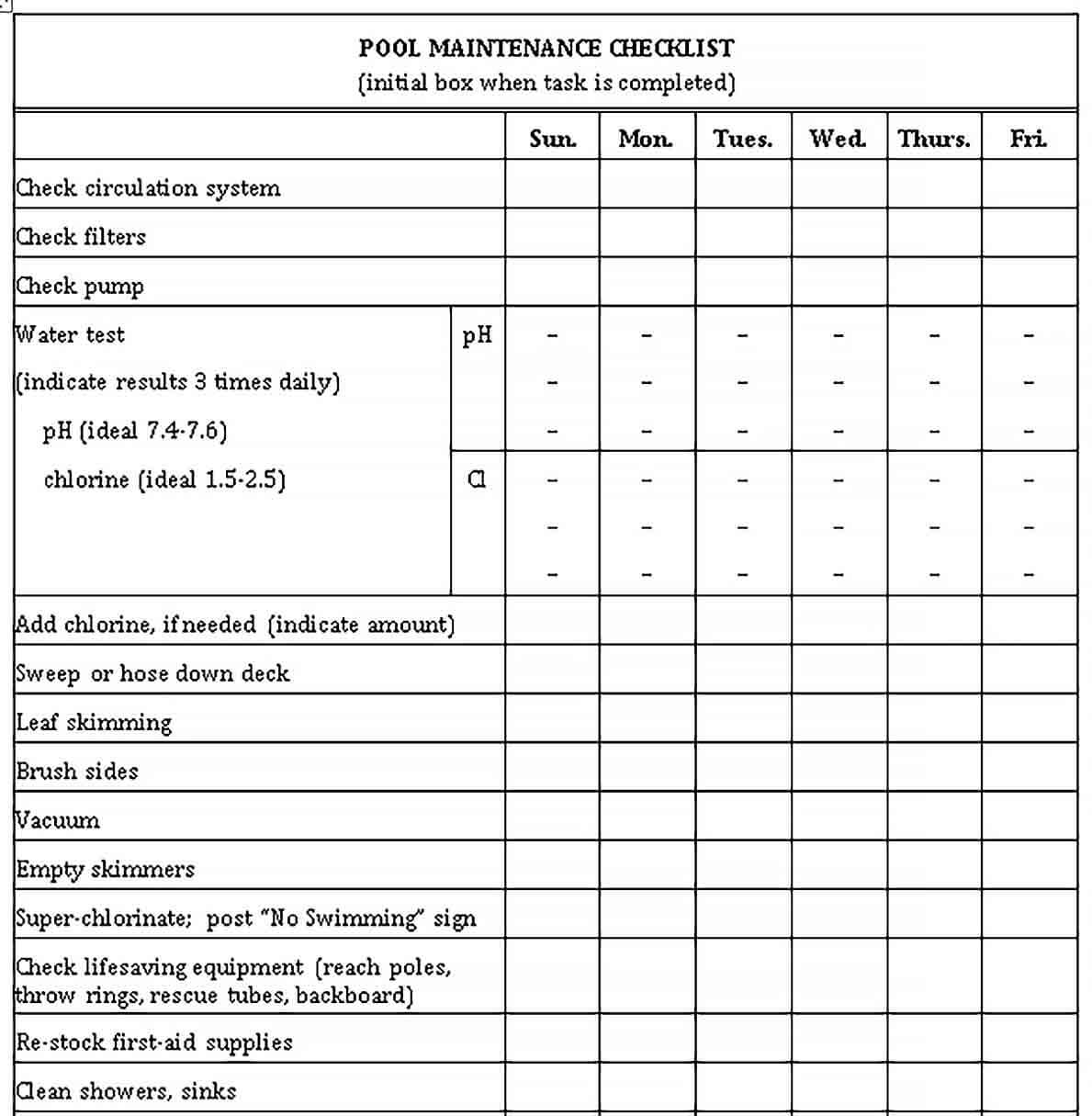 Sample 07 PA Pool Maintenance Checklist