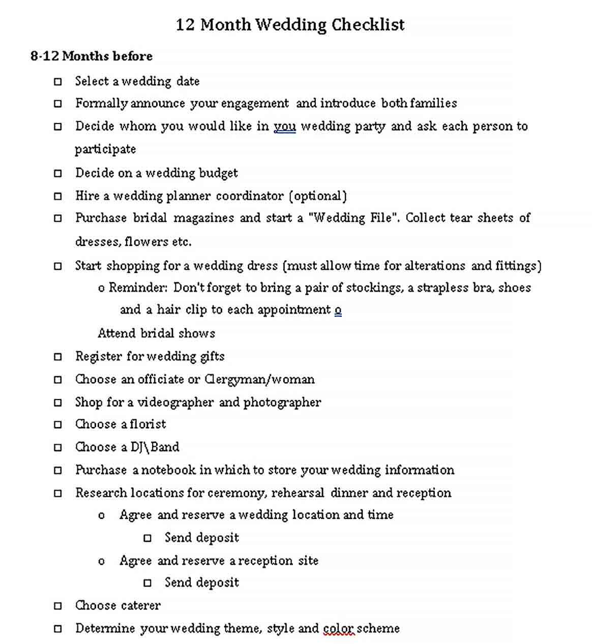 Sample 12 Month Wedding Day Checklist