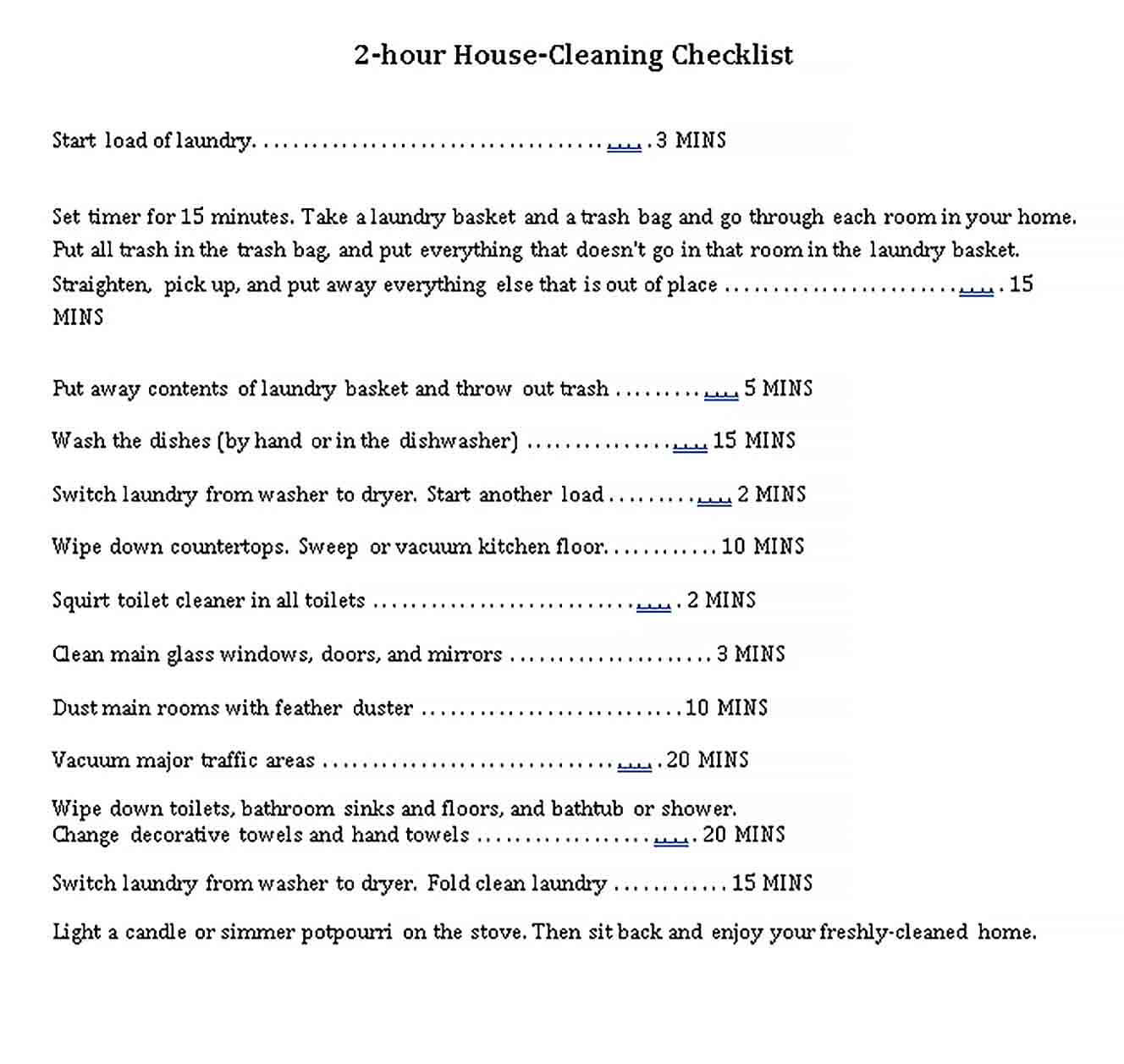 Sample 2 Hour House Cleaning Checklist Template