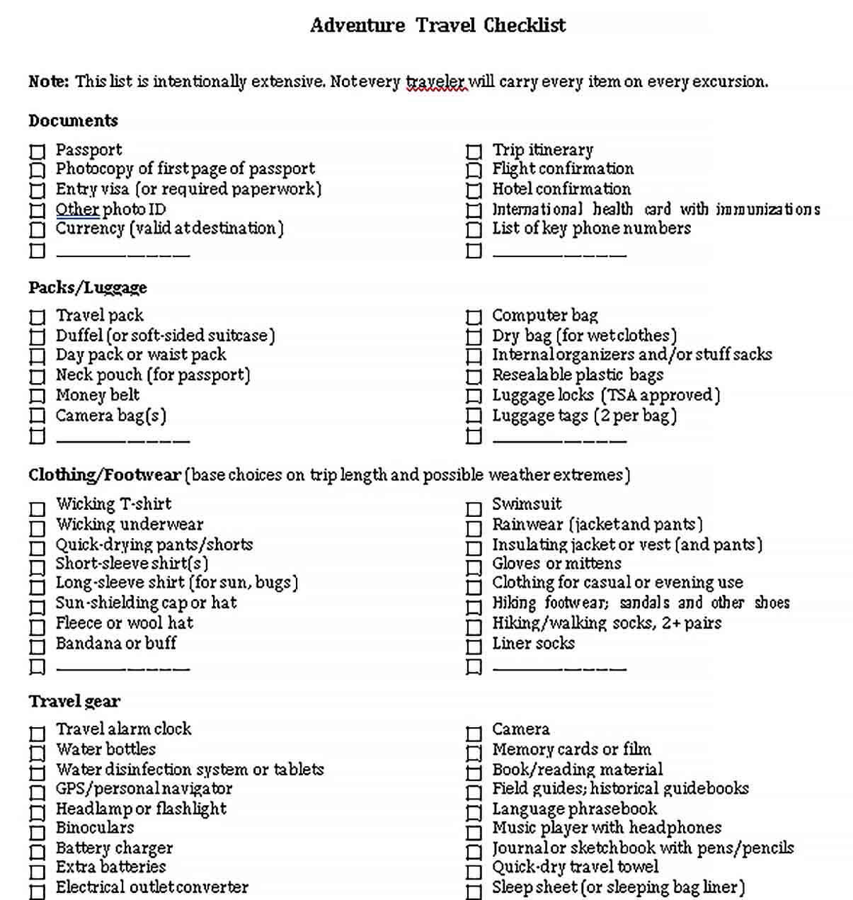 Sample Adventure Travel Checklist