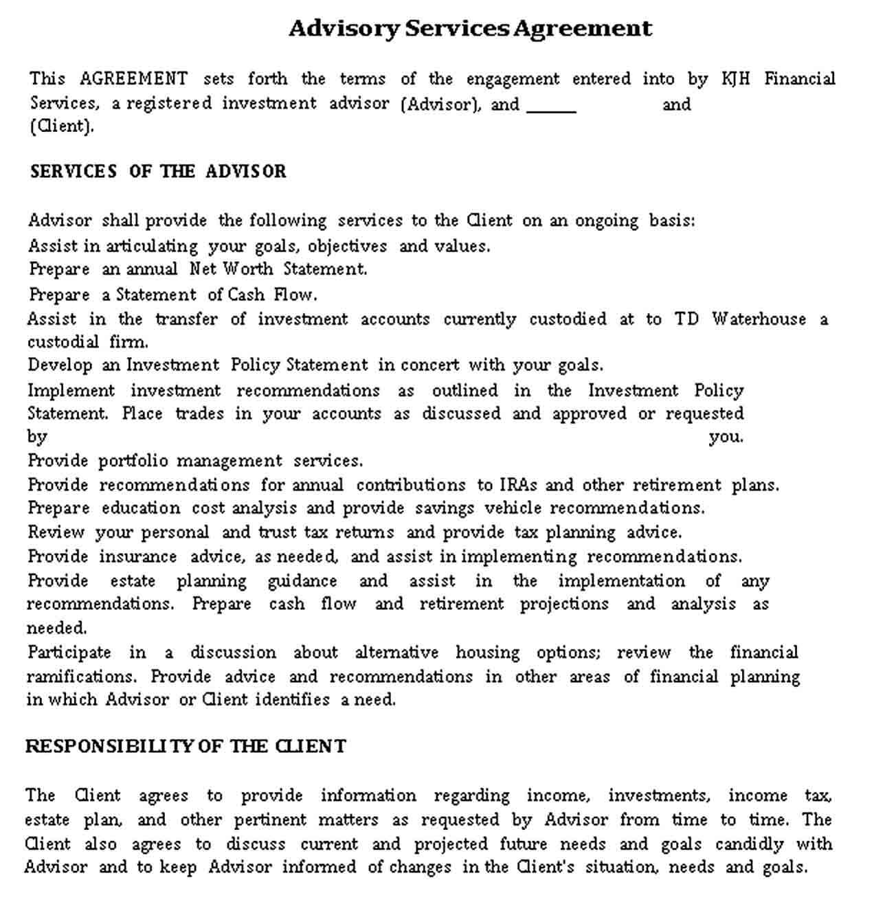 Sample Advisory Financial Service Agreement