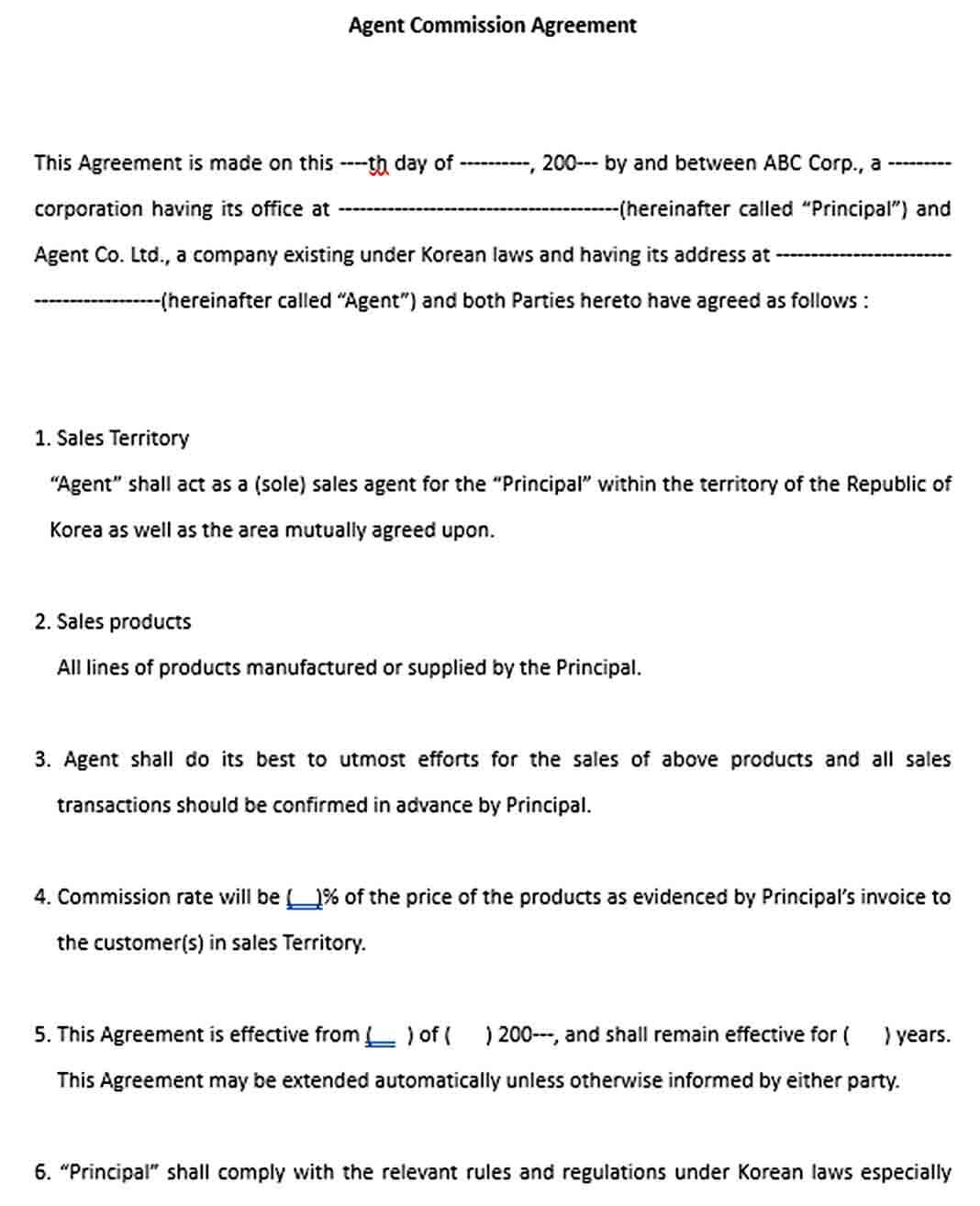 Sample Agent Commission Agreement Template