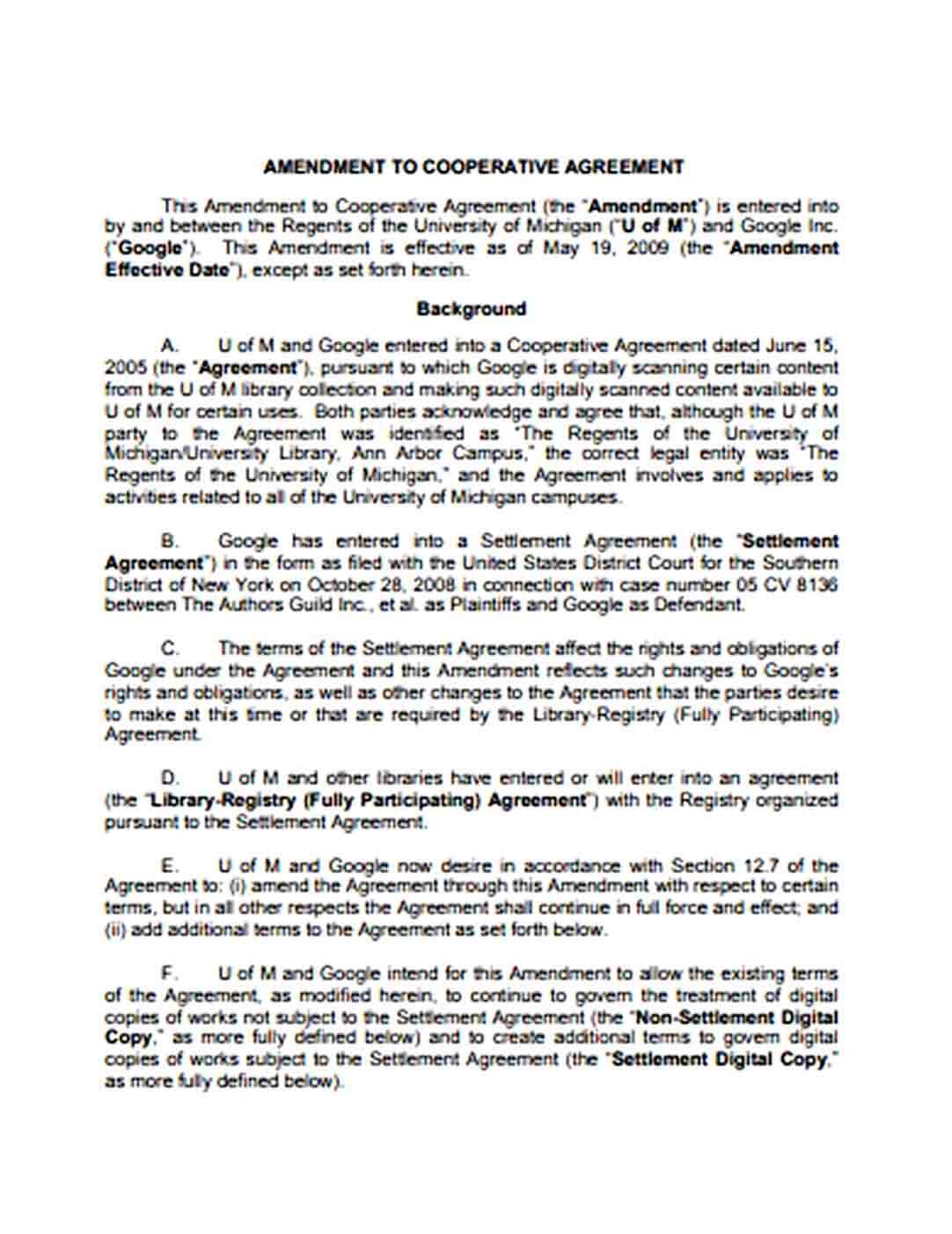 Sample Amendment to Cooperative Agreement