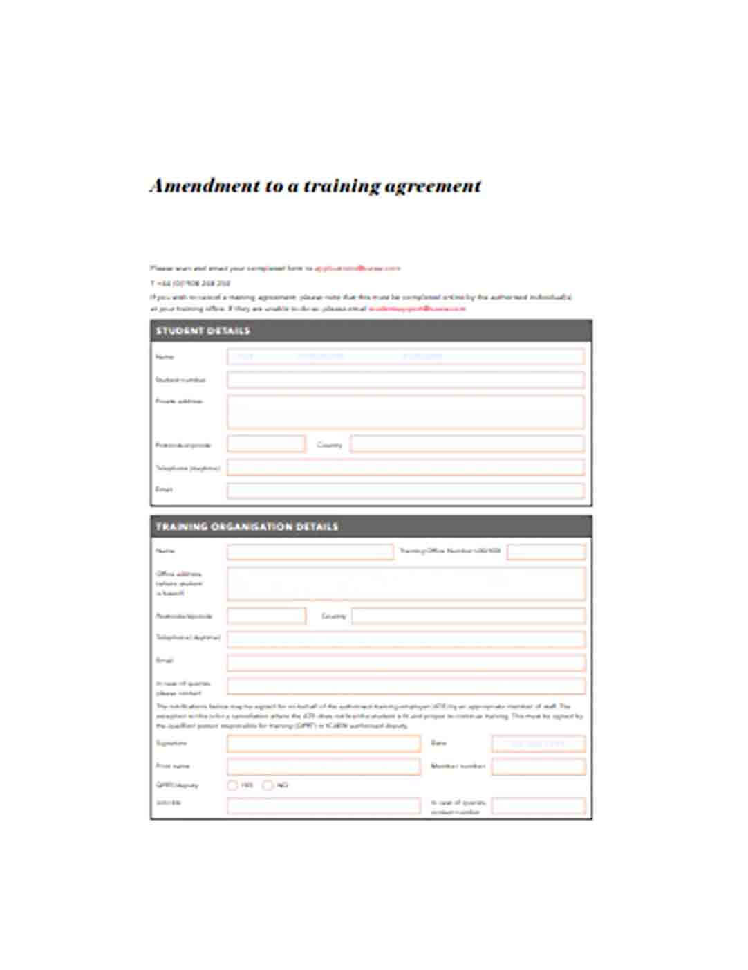 Sample Amendment to a Training Agreement Template