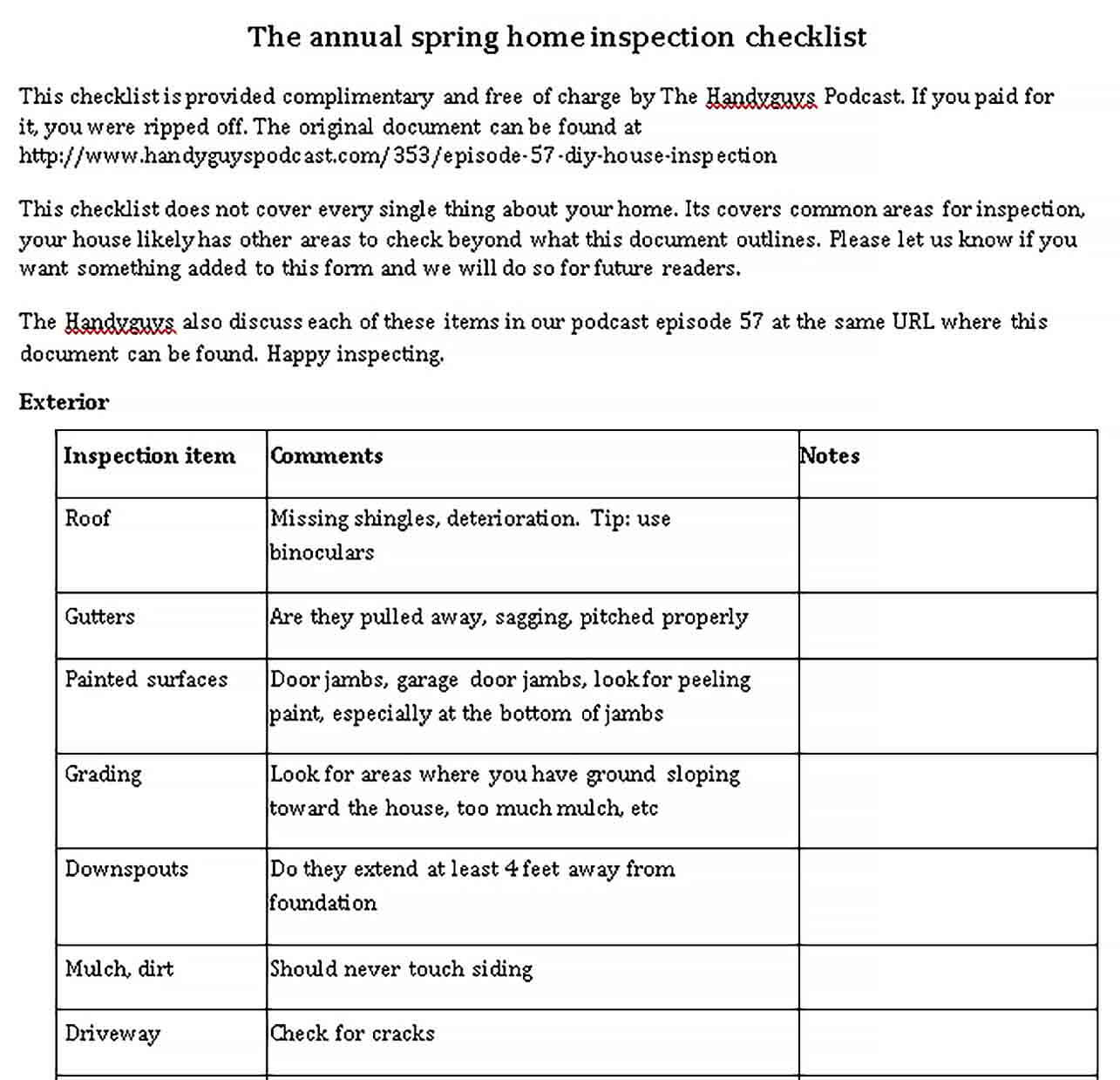 Sample Annual Home Inspection Checklist Template