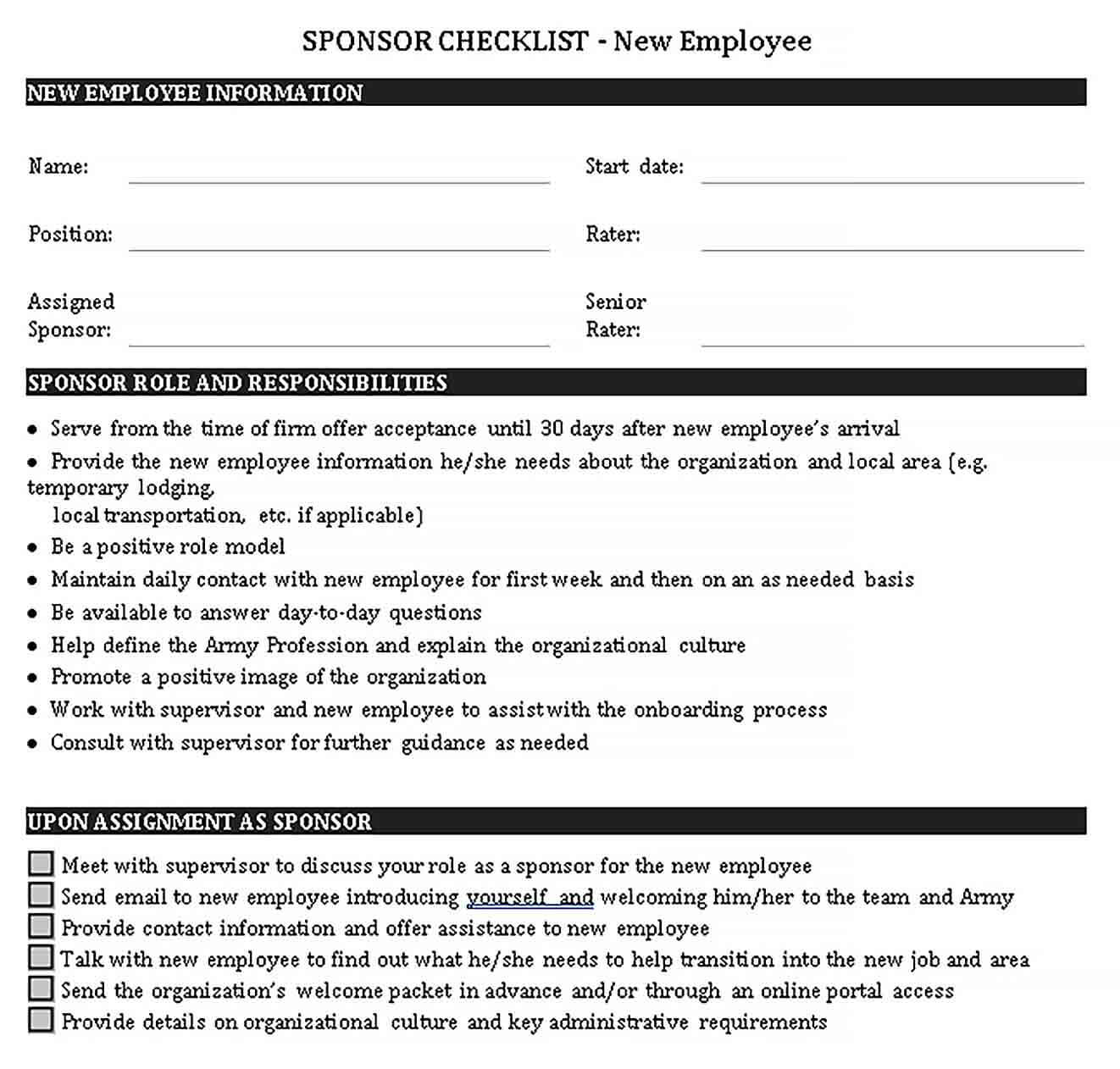 Sample Army New Employee Checklist Template