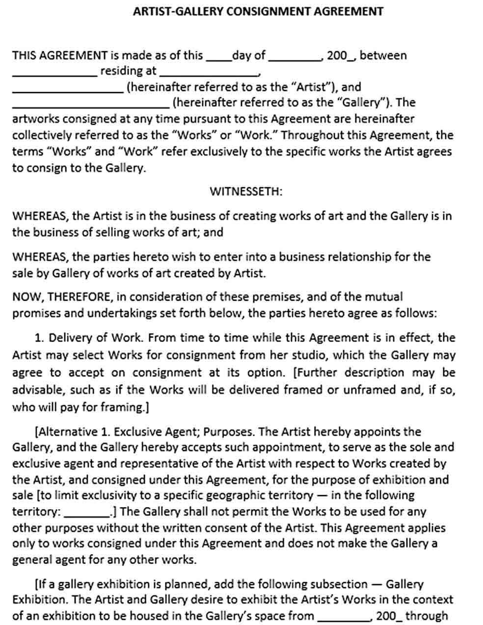 Sample Artist Gallery Consignment Agreement