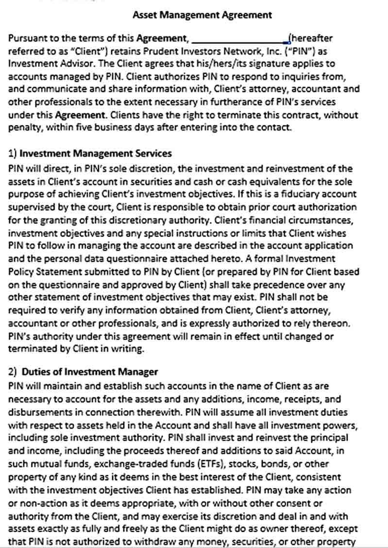 Sample Asset Management Agreement