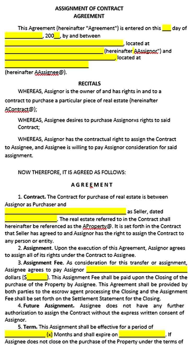 Sample Assignment of Contract Agreement