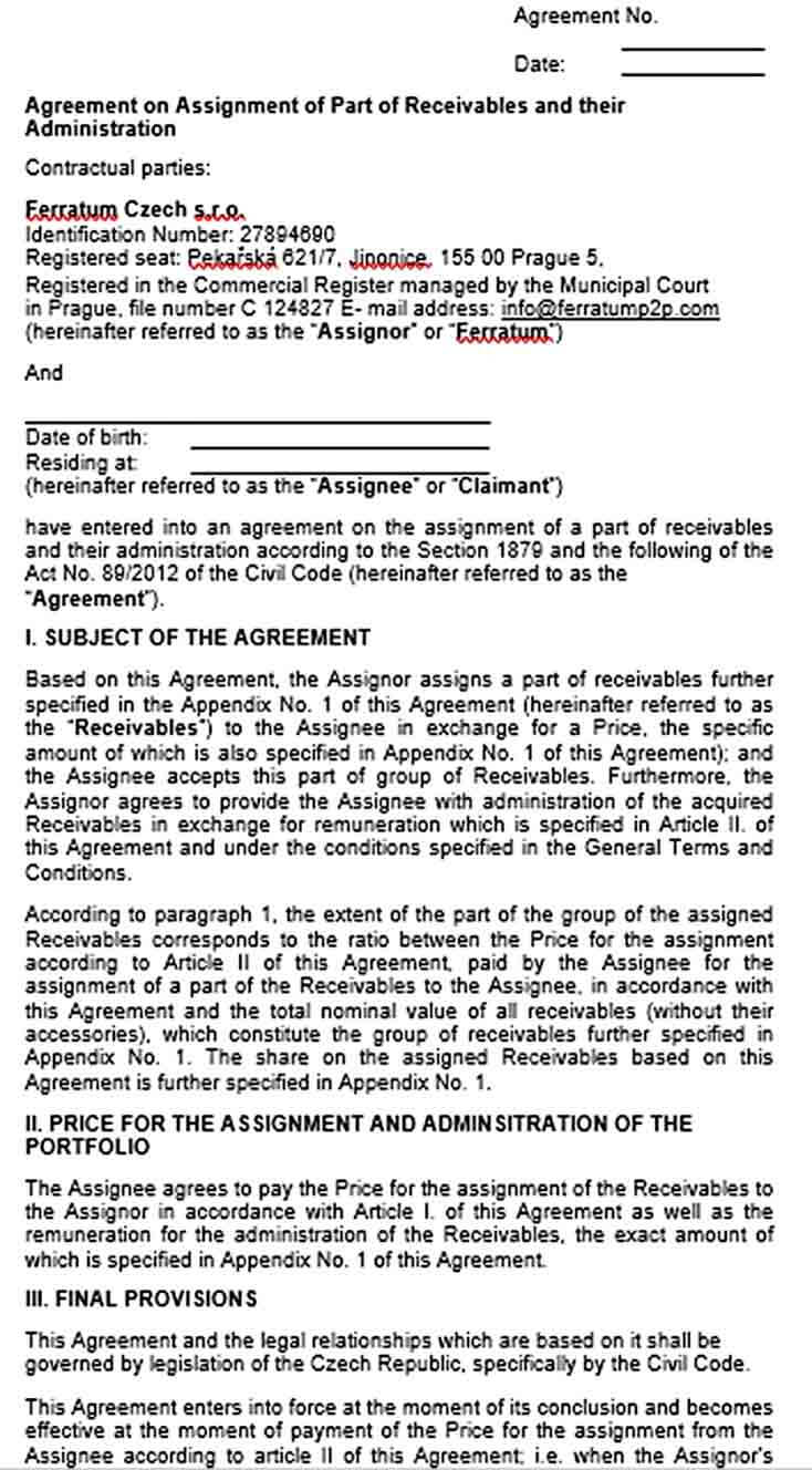 Sample Assignment of Receivables Agreement