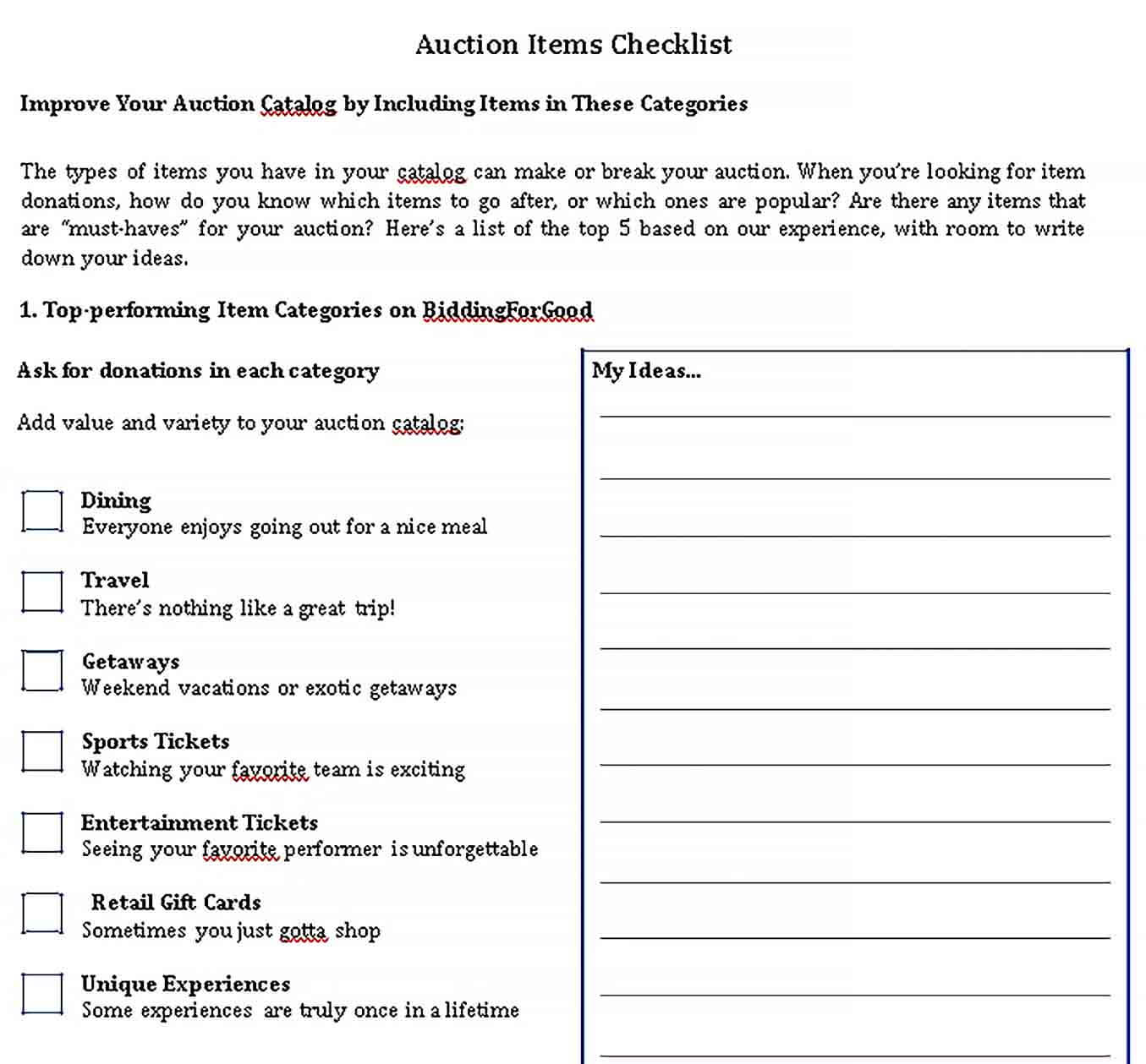Sample Auction Items Checklist Template