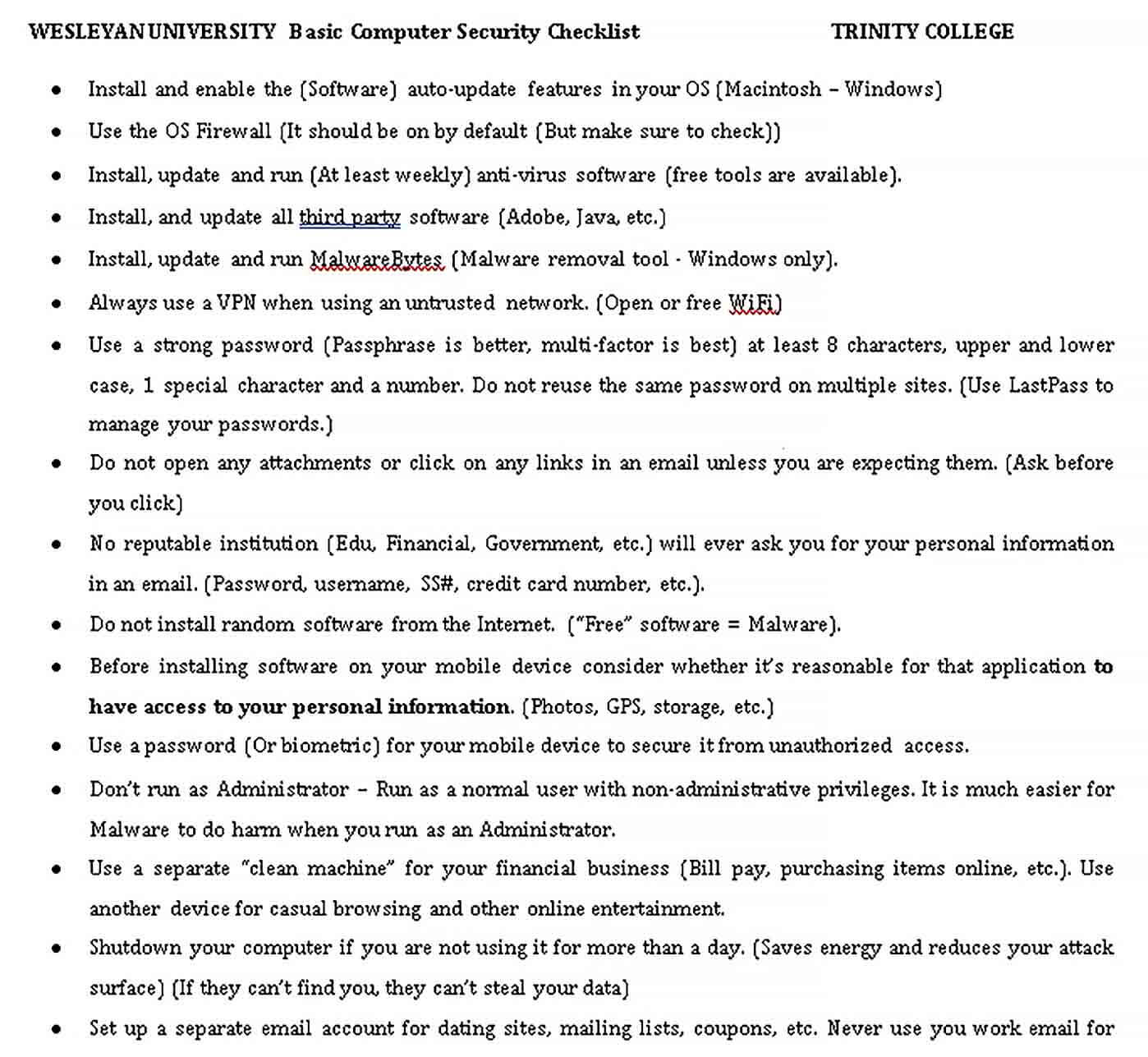 Sample Basic Computer Security Checklist Example