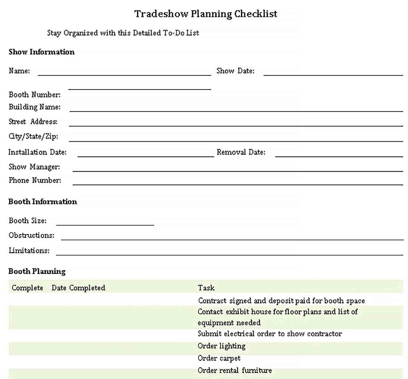 Sample Basic Trade Show Planning Checklist